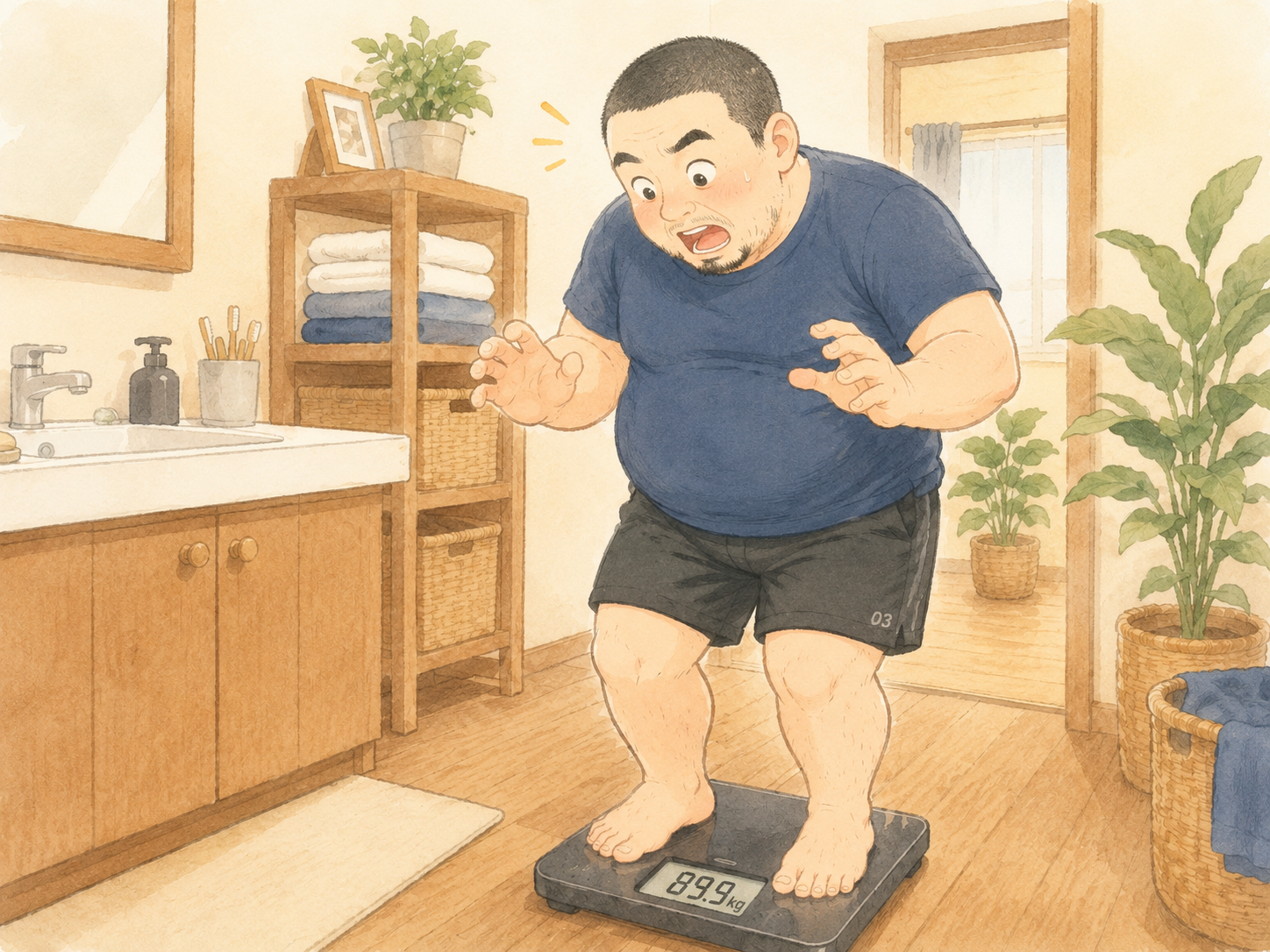 体重計の89.9kgという数字を見て驚くイメージイラスト