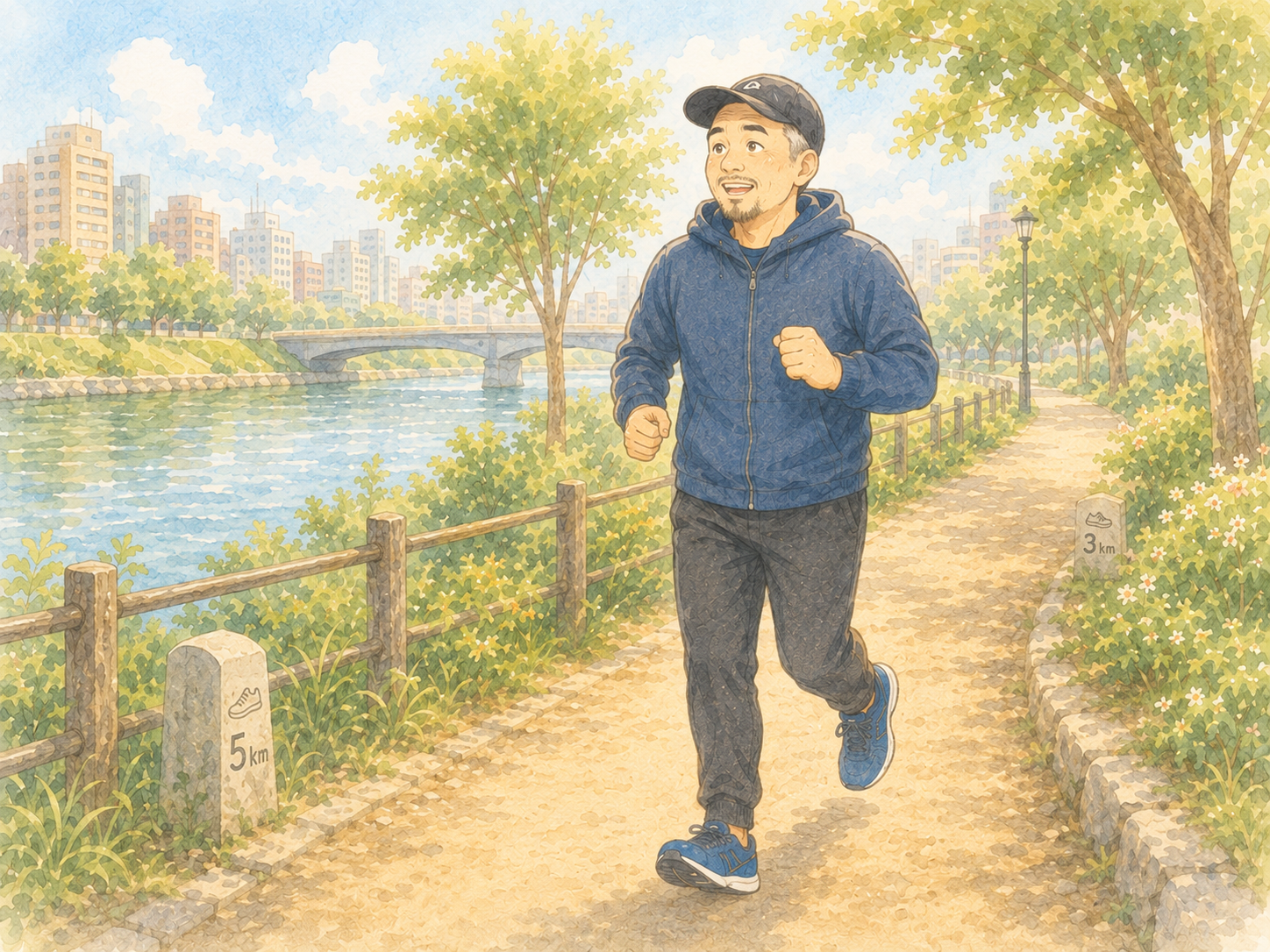 3kmから約5kmへ少しずつ距離を伸ばして走るランナーのイメージイラスト