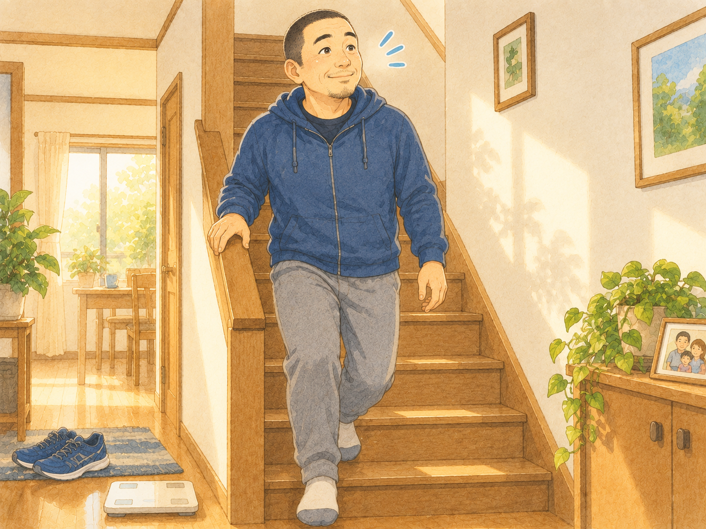 朝の階段を以前より楽に下りられるようになった男性のイラスト
